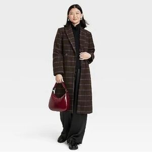 A New Day Brown and Blue plaid wool blend  trench coat